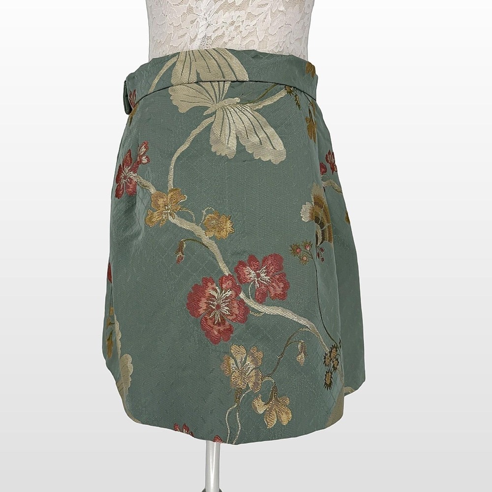 Vintage Floral Jacquard Mini Skirt M Sage Pleated Butterfly Romantic Cottagecore - Picture 7 of 11